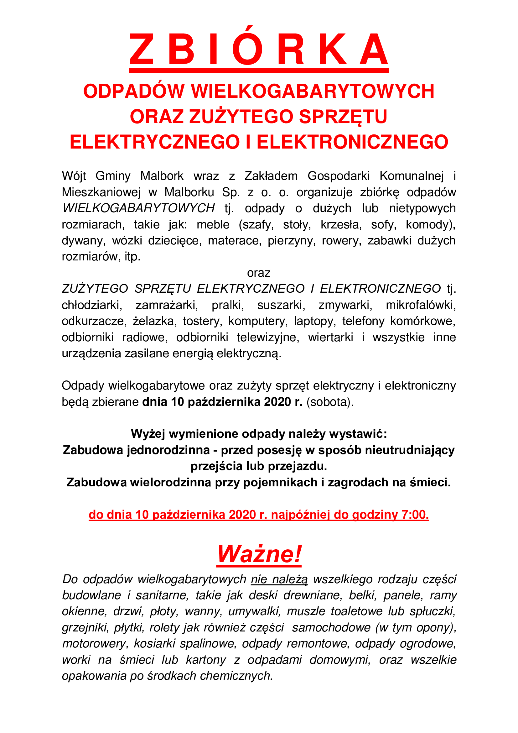 Zbiórka odpadów wielogabarytowych 10.10.2020 r.