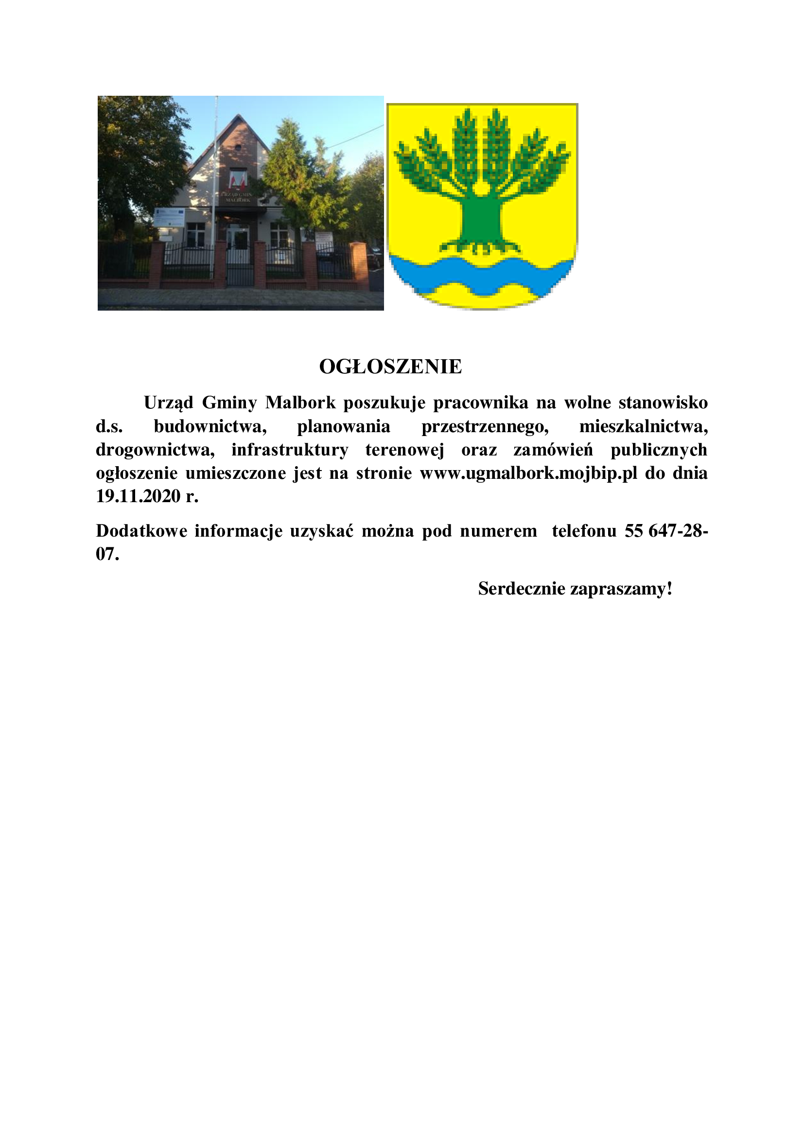 Zdjęcie budynku gminy oraz herb Gminy Malbork. Nabór na wolne stanowisko pracy. 